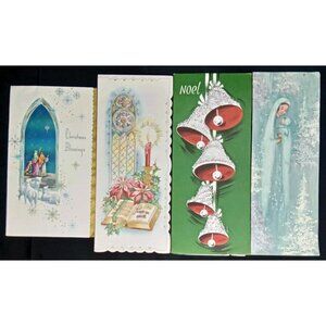 Vintage Christmas Greeting Card Set Of 4 Bells & ReligiousHoliday Ephemera 1940s